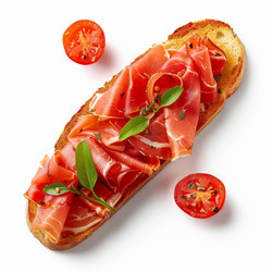 вкуснейшая брускетта с испанской ветчиной, помидорами черри и зеленью на белом фоне - yliv