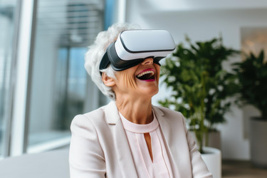 Пожилая бизнесвумен смеется и использует vr-гарнитуру в современном офисе - yliv