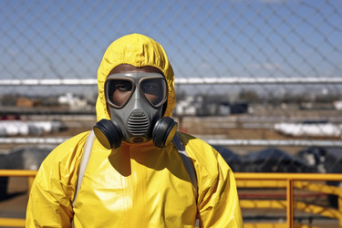ученый в защитном костюме и противогазе в промышленной зоне - yliv