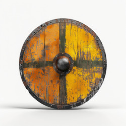круглый деревянный щит викингов, демонстрирующий износ на белом фоне - yliv