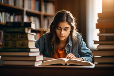 молодой студент читает книгу и занимается в библиотеке, окруженный стопками книг - yliv