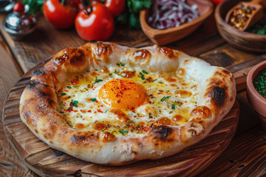 вкусные хачапури по-аджарски, запеченные на деревянном столе из свежих ингредиентов - yliv
