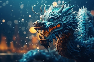 величественная скульптура синего дракона, возникающая из мистической снежной атмосферы - yliv