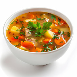 куриный суп с овощами и мясом в миске на белом фоне - yliv