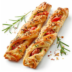 вкусные плетеные хлебные палочки с помидорами, розмарином и кунжутом на белом фоне - yliv