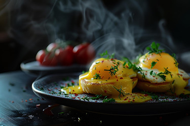 вкусные яйца бенедикт с голландским соусом, дымящиеся на тарелке - yliv