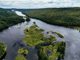 вид с высоты птичьего полета на живописный водный путь с лесистыми островами и пышным зеленым ландшафтом в родоне, квебек, канада - EOS_Canon
