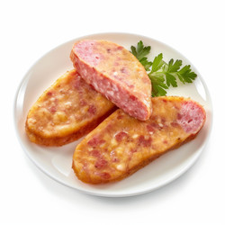 ломтики жареной колбасы с петрушкой на белой тарелке - вкусное и удобное блюдо - yliv