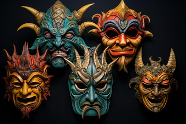 пять красочных масок демонов, представляющих традиционную японскую культуру - yliv