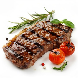вкусный говяжий стейк на гриле с помидорами и розмарином на белом фоне - yliv
