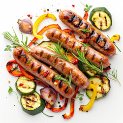 вкусные сосиски-гриль на белом фоне с овощами - yliv