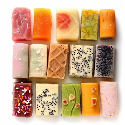 Разноцветные конфеты pate de fruits, образующие квадрат на белом фоне - yliv
