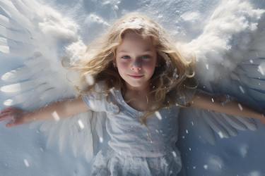 ангельская девушка, лежащая в снегу с белыми крыльями, обнимающая зимнюю страну чудес - yliv