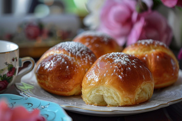 вкусные домашние сладкие булочки, посыпанные сахарной пудрой, на элегантной тарелке - yliv