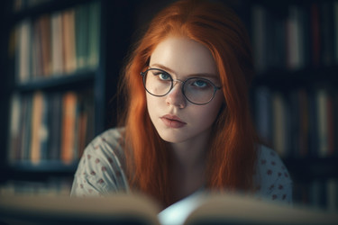 рыжеволосая женщина в очках в книжном магазине. генеративный контент - yliv