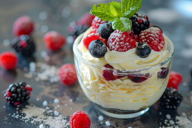 вкусный десерт, украшенный свежими ягодами и мятой - yliv