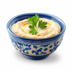 вкусный хумус, украшенный петрушкой и оливковым маслом в керамической миске - yliv