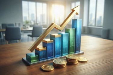 современная банковская инфографика, показывающая график финансового роста со стрелкой вверх и знаками доллара, изображение, сгенерированное искусственным интеллектом - yuyu