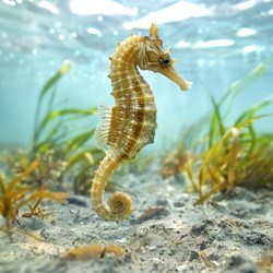морской конек, плавающий под водой рядом с водорослями на мелководье - yliv