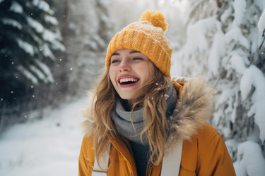 счастливый турист улыбается и наслаждается снегопадом в зимнем лесу - yliv
