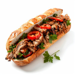 вкусный сэндвич с тушеной свининой со свежими помидорами и петрушкой на белом фоне - yliv