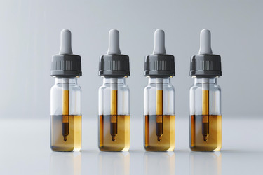 Четыре прозрачных флакона-капельницы, содержащие масло cbd, стоят в ряд на отражающей поверхности - yliv