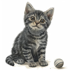 очаровательный серый котенок, играющий с мячом на белом фоне - yliv