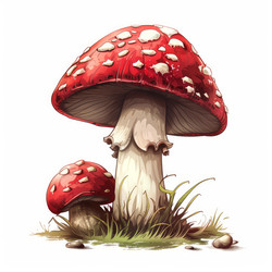 Два ярких гриба amanita muscaria, растущих в траве - yliv