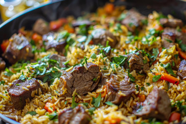 вкусное блюдо из говядины и риса, украшенное свежей петрушкой на сковороде - yliv