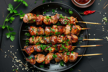 куриные шашлыки-гриль с кунжутом и петрушкой на черной тарелке - yliv
