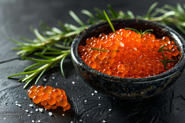 вкуснейшая красная икра с розмарином в миске на черном фоне - yliv