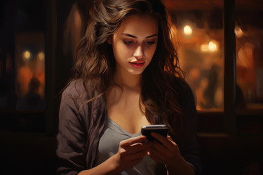 молодая женщина пользуется смартфоном в ночном кафе - yliv
