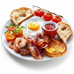 вкусная тарелка для завтрака с жареным яйцом, беконом, креветками и поджаренным хлебом - yliv