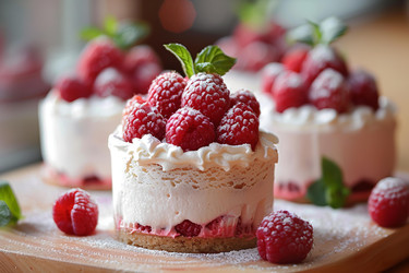 вкусные мини-пирожные с малиной, взбитыми сливками и мятой на деревянной доске - yliv