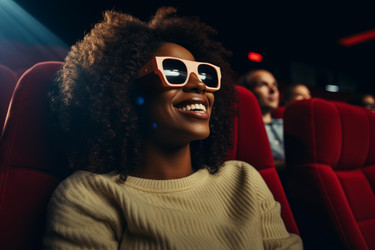 Счастливая чернокожая женщина наслаждается 3d-фильмом в кинотеатре, улыбается и носит 3d-очки - yliv