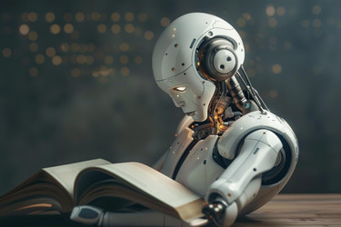 белый человекоподобный робот читает старую книгу на деревянном столе - yliv