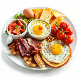 вкусное блюдо для завтрака с яичницей-глазуньей, хрустящим беконом и поджаренным хлебом - yliv