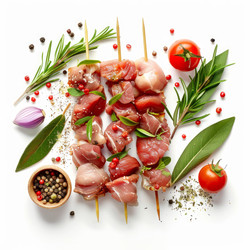 шашлык из сырого мяса с зеленью и специями на белом фоне - yliv