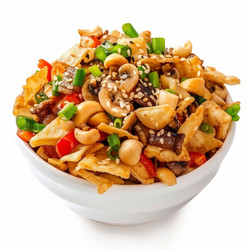 вкусный азиатский салат с жареными полосками вонтона, грибами, кешью и кунжутом - yliv