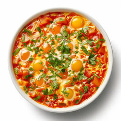 миска шакшуки с цельными яйцами, помидорами и зеленью, украшенная гарниром - yliv