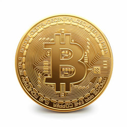 золотая монета криптовалюты биткоин, стоящая на белом фоне - yliv