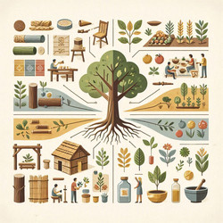 плоская векторная инфографика о том, как растения используются людьми в качестве пищи, лекарств, жилья и материалов, изображение, сгенерированное искусственным интеллектом - yuyu