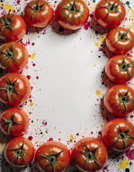 красные помидоры расположены в рамке на художественном фоне с разноцветными вкраплениями. фон яркий с различными цветами, создающими визуальный интерес к генеративному искусственному интеллекту - Karjalainen