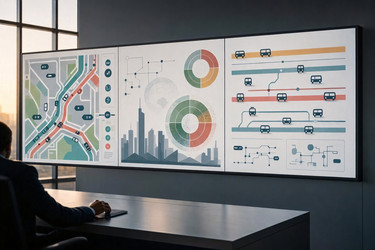 Современная панель мониторинга smart city, отображающая городские данные в режиме реального времени со значками трафика, качества воздуха и общественного транспорта, изображение, сгенерированное искусственным интеллектом - yuyu