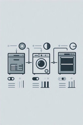 плоская векторная инфографика значков умной бытовой техники с элементами управления посудомоечной машиной, стиральной машиной и духовкой, изображение, сгенерированное искусственным интеллектом - yuyu