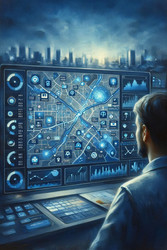 Современная панель мониторинга smart city, отображающая городские данные в режиме реального времени со значками трафика, качества воздуха и общественного транспорта, изображение, сгенерированное искусственным интеллектом - yuyu