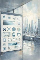 Современная панель мониторинга smart city, отображающая городские данные в режиме реального времени со значками трафика, качества воздуха и общественного транспорта, изображение, сгенерированное искусственным интеллектом - yuyu