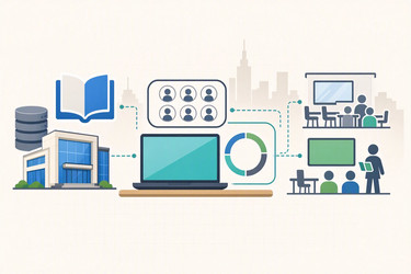 Плоская векторная инфографика образовательных иконок smart city с электронным обучением, библиотеками и цифровыми классами, изображение, сгенерированное искусственным интеллектом - yuyu