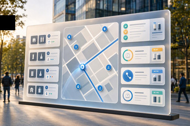 Современный интерфейс розничной торговли smart city с наличием магазинов, отслеживанием доставки и значками программ лояльности, сгенерированным искусственным интеллектом изображением - yuyu