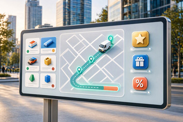 Современный интерфейс розничной торговли smart city с наличием магазинов, отслеживанием доставки и значками программ лояльности, сгенерированным искусственным интеллектом изображением - yuyu